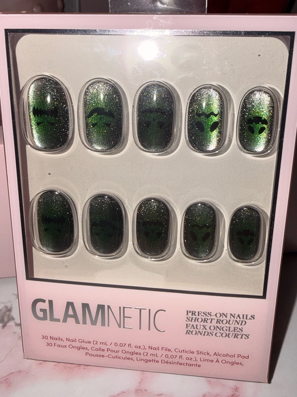 Glamnetic “Peek-O-Lantern” Green Holographic Press-On Nails - Short Round